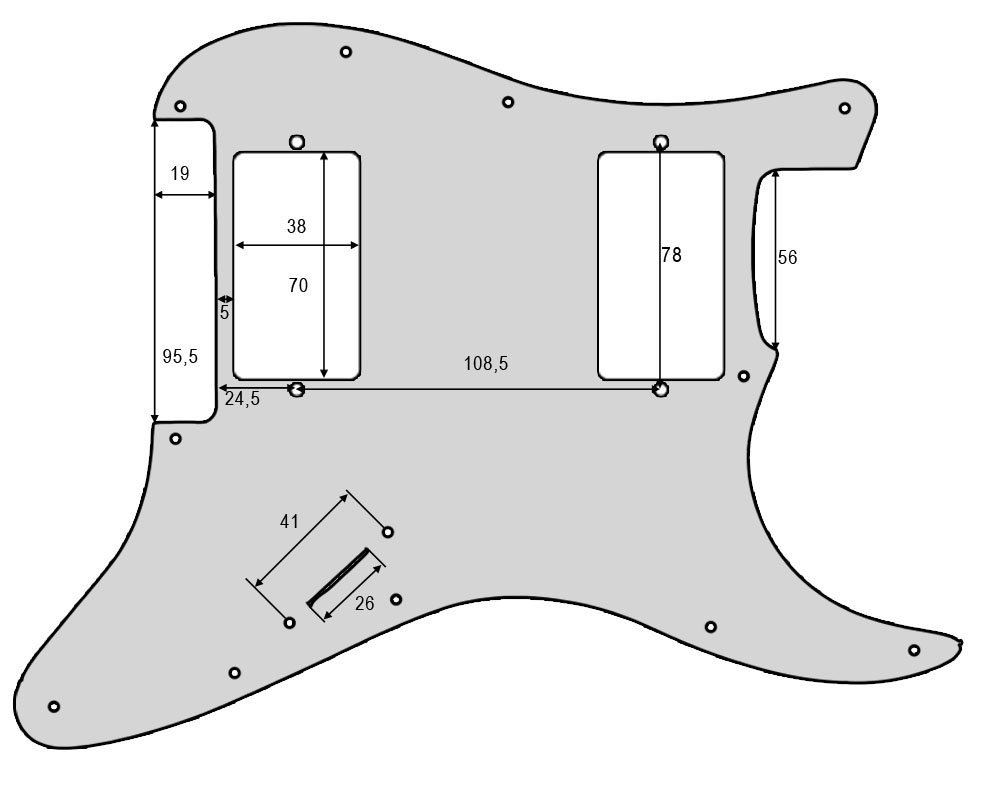 Stratocaster Pickguard pickup and route Specification Diagram