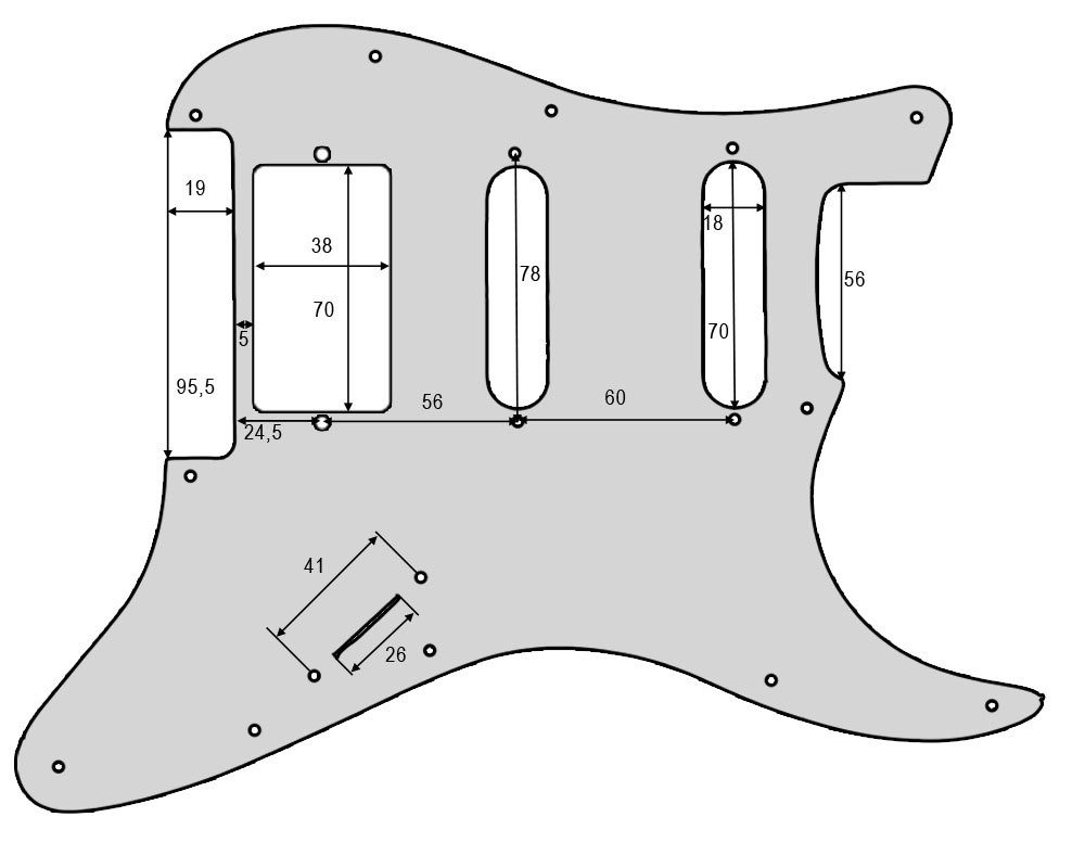 Stratocaster Pickguard pickup and route Specification Diagram